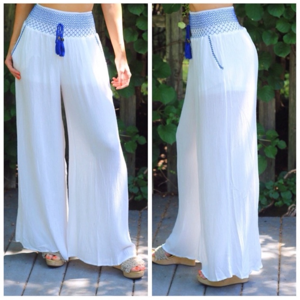 WHITE COTTON SEMI SHEER RESORT WEAR PANTS